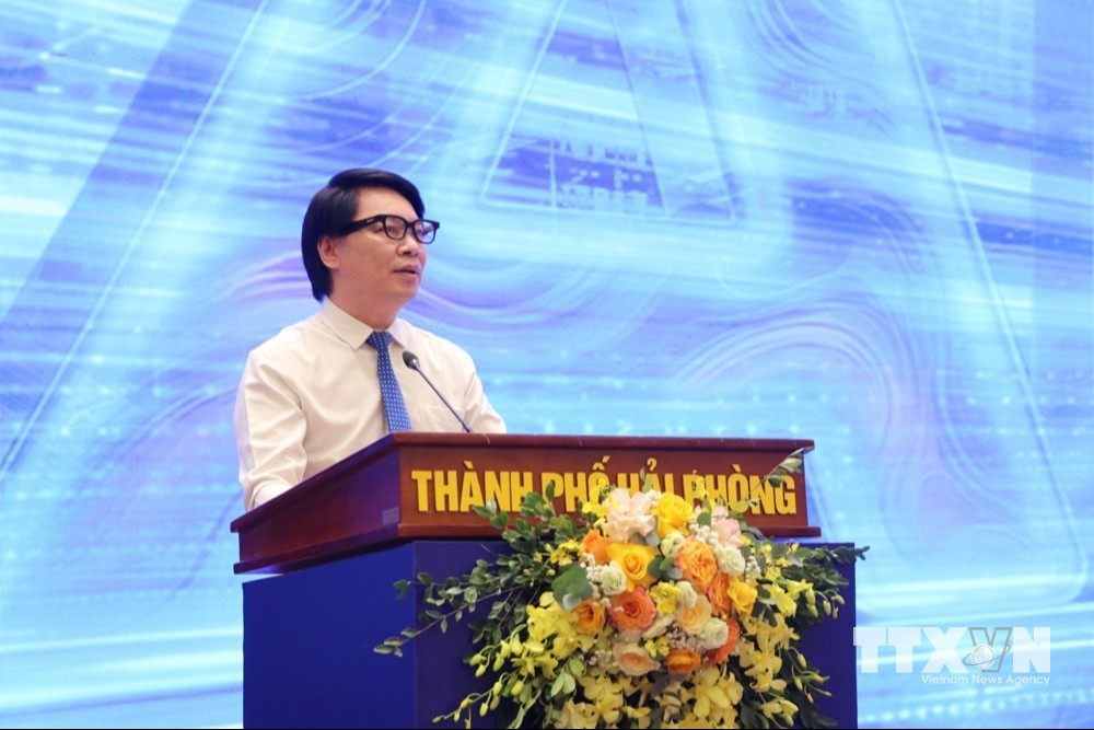 Giám đốc Sở Khoa học và Công nghệ Hải Phòng Nguyễn Cao Thắng phát biểu tại diễn đàn. (Ảnh: Mạnh Minh/TTXVN)